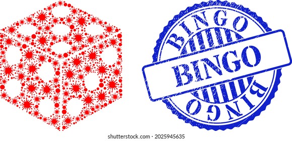 Coronavirus mosaic dice cube icon, and grunge BINGO badge. Dice cube mosaic for epidemic templates, and grunge round blue stamp seal. Vector mosaic is organized of randomized bacterium icons.