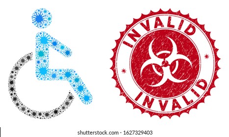 Coronavirus mosaic disabled person icon and rounded grunge stamp seal with Invalid caption. Mosaic vector is formed with disabled person icon and with scattered pandemic symbols.