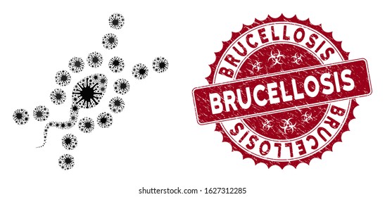 Coronavirus mosaic DNA replication icon and round rubber stamp watermark with Brucellosis phrase. Mosaic vector is designed with DNA replication icon and with scattered sars items.