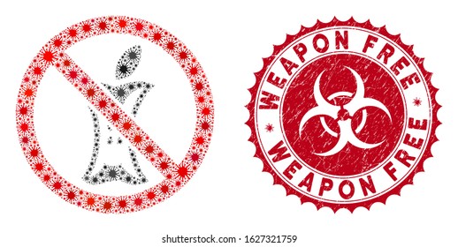 Coronavirus mosaic do not litter icon and rounded corroded stamp seal with Weapon Free phrase. Mosaic vector is formed with do not litter icon and with random mers items.