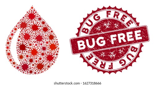 Coronavirus mosaic drop icon and round grunge stamp seal with Bug Free phrase. Mosaic vector is designed with drop icon and with random virus objects. Bug Free stamp seal uses biohazard style,