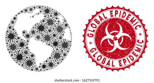 Coronavirus mosaic Earth icon and round rubber stamp seal with Global Epidemic caption. Mosaic vector is formed with Earth icon and with scattered pathogen icons.