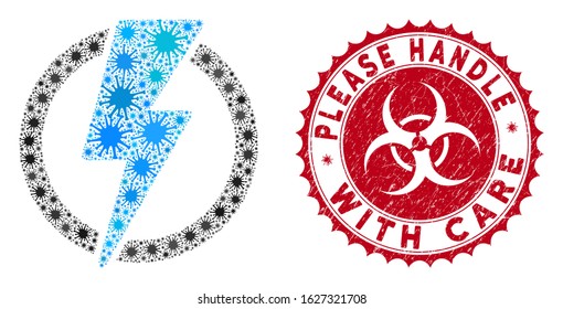 Coronavirus mosaic electricity icon and round rubber stamp seal with Please Handle with Care text. Mosaic vector is composed from electricity icon and with randomized bacillus objects.