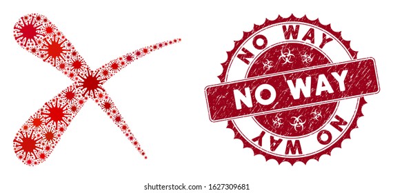 Coronavirus mosaic erase icon and rounded distressed stamp watermark with No Way phrase. Mosaic vector is formed with erase icon and with randomized virus icons. No Way stamp uses biohazard style,