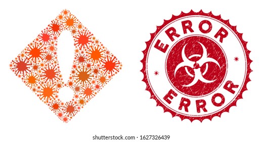 Coronavirus mosaic error icon and round grunge stamp seal with Error caption. Mosaic vector is created with error pictogram and with randomized bacterium icons. Error stamp seal uses biohazard style,
