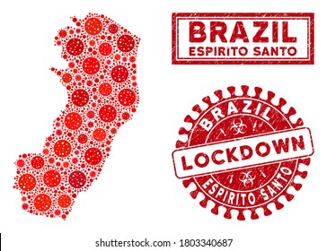 Coronavirus mosaic Espirito Santo State map and seal stamps. Red round lockdown textured seal. Vector coronavirus pathogen icons are united into mosaic Espirito Santo State map.