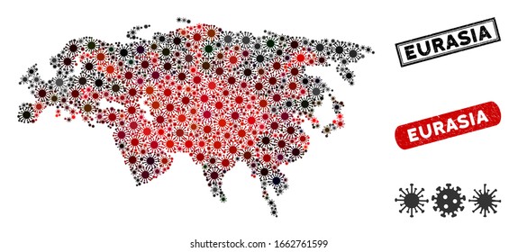 Coronavirus mosaic Eurasia map and rubber stamp seals. Eurasia map collage composed with random red and black pathogen symbols. Rectangle seals, with grunge texture.