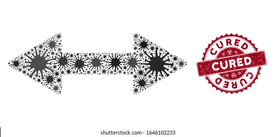Coronavirus mosaic exchange arrows icon and rounded grunge stamp seal with Cured phrase. Mosaic vector is formed with exchange arrows pictogram and with randomized bacterium items.