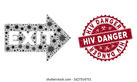 Coronavirus mosaic exit arrow icon and rounded grunge stamp seal with HIV Danger caption. Mosaic vector is designed with exit arrow icon and with random mers elements.