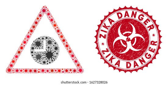 Coronavirus mosaic expired warning icon and rounded corroded stamp watermark with Zika Danger phrase. Mosaic vector is created with expired warning icon and with randomized infectious objects.