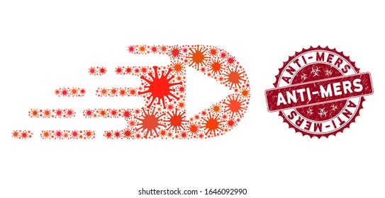 Coronavirus mosaic express right direction icon and rounded distressed stamp seal with Anti-Mers text. Mosaic vector is designed with express right direction icon and with random infectious symbols.