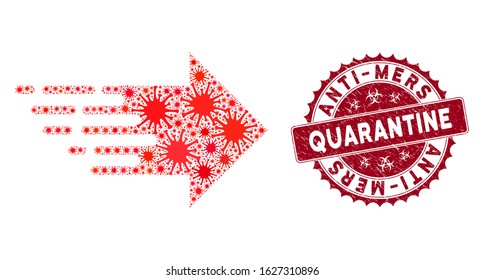 Coronavirus mosaic express right movement icon and round grunge stamp seal with Anti-Mers Quarantine text.