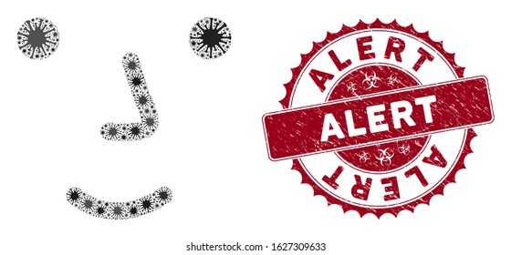 Coronavirus mosaic face icon and round grunge stamp watermark with Alert phrase. Mosaic vector is formed with face icon and with random bacillus objects. Alert stamp uses biohazard style, red color,
