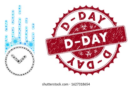 Coronavirus mosaic falling clock icon and rounded corroded stamp seal with D-Day phrase. Mosaic vector is created with falling clock pictogram and with scattered viral icons.