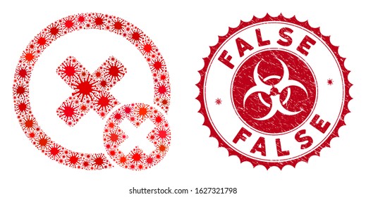 Coronavirus mosaic false negative icon and round distressed stamp watermark with False phrase. Mosaic vector is created with false negative icon and with randomized sars objects.
