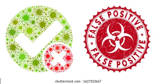 Coronavirus mosaic false positive icon and round rubber stamp seal with False Positive caption. Mosaic vector is designed with false positive icon and with randomized infection icons.
