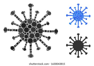 Coronavirus mosaic of filled circles in different sizes and color hues, based on coronavirus icon. Vector small circles are composed into blue mosaic.