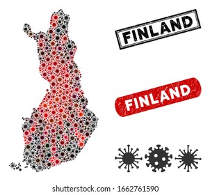 Coronavirus mosaic Finland map and grunge stamp seals. Finland map collage formed with random red and black epidemic symbols. Rectangle seals, with grunge texture.