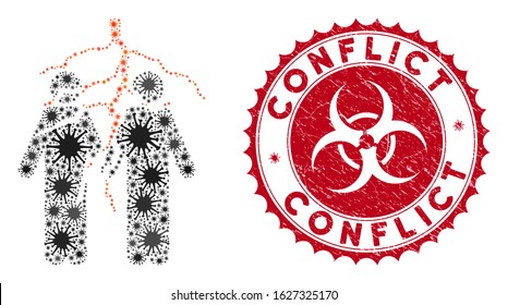 Coronavirus mosaic firend conflict icon and rounded rubber stamp seal with Conflict text. Mosaic vector is composed from firend conflict icon and with randomized mers-cov symbols.