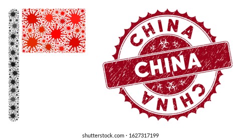 Coronavirus mosaic flag icon and rounded corroded stamp seal with China caption. Mosaic vector is created from flag icon and with scattered flu icons. China stamp uses biohazard style, red color,