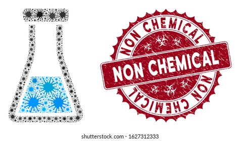 Coronavirus mosaic flask icon and rounded rubber stamp seal with Non Chemical caption. Mosaic vector is created from flask icon and with randomized mers objects.