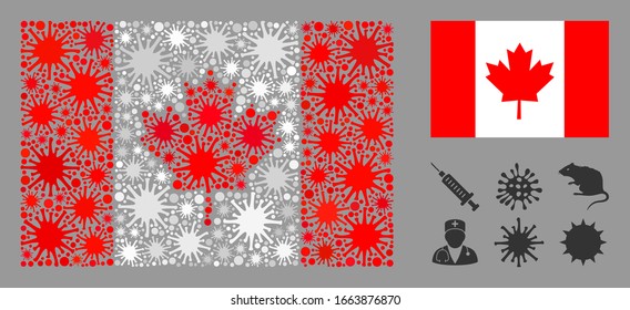 Coronavirus mosaic and flat Canada flag. Mosaic vector is designed with Canada flag icon and with randomized contagion symbols.