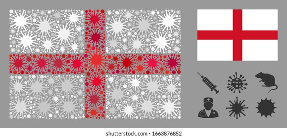 Coronavirus mosaic and flat England flag. Mosaic vector is composed with England flag pictogram and with random bacterium symbols.