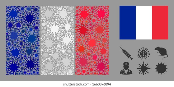 Coronavirus mosaic and flat France flag. Mosaic vector is composed with France flag pictogram and with randomized microorganism objects.