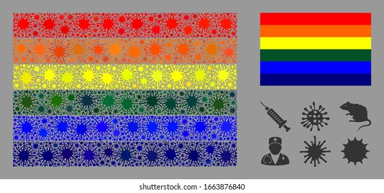 Coronavirus mosaic and flat LGBT flag. Mosaic vector is composed with LGBT flag pictogram and with random flu items.