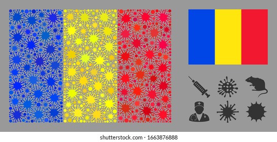 Coronavirus mosaic and flat Romania flag. Mosaic vector is created with Romania flag pictogram and with randomized bacterium objects.