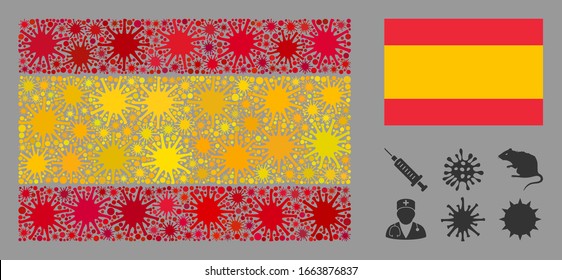 Coronavirus mosaic and flat Spain flag. Mosaic vector is designed with Spain flag icon and with randomized pandemic icons.