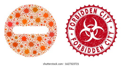 Coronavirus mosaic forbidden icon and rounded grunge stamp seal with Forbidden City caption. Mosaic vector is composed with forbidden icon and with randomized sars items.