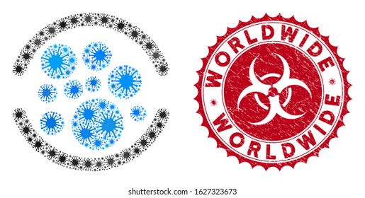Coronavirus mosaic full icon and rounded grunge stamp watermark with Worldwide phrase. Mosaic vector is created with full pictogram and with randomized microbe icons.