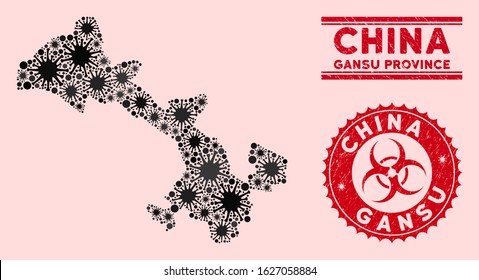 Coronavirus mosaic Gansu Province map and red distressed stamp seals with biohazard symbol. Gansu Province map collage constructed with random microbe elements. Red rounded outbreak danger stamp,