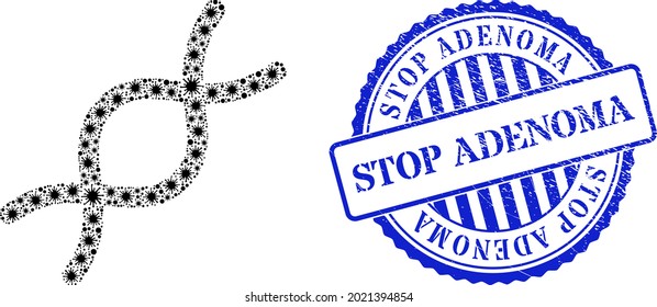 Coronavirus mosaic genome spiral icon, and grunge STOP ADENOMA seal stamp. Genome spiral collage for isolation templates, and rubber round blue stamp imprint.