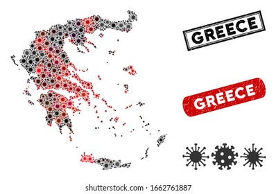 Coronavirus mosaic Greece map and rubber stamp seals. Greece map collage designed with randomized red and black infectious icons. Rectangle seals, with dirty texture.