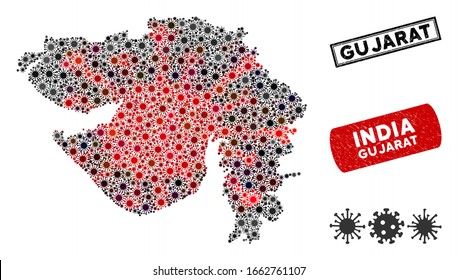 Coronavirus mosaic Gujarat State map and grunge stamp watermarks. Gujarat State map collage designed with randomized red and black bacterium symbols. Rectangle watermarks, with grunge texture.
