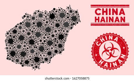 Coronavirus mosaic Hainan Island map and red distressed stamp watermarks with biohazard sign. Hainan Island map collage formed with random microbe cell elements. Red round outbreak danger seal stamp,