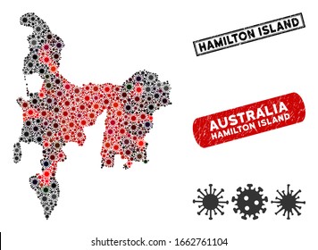 Coronavirus mosaic Hamilton Island map and grunge stamp watermarks. Hamilton Island map collage composed with randomized red and black pandemic items. Rectangle watermarks, with grunge texture.