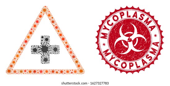 Coronavirus mosaic health warning icon and rounded grunge stamp seal with Mycoplasma phrase. Mosaic vector is formed with health warning icon and with random viral icons.