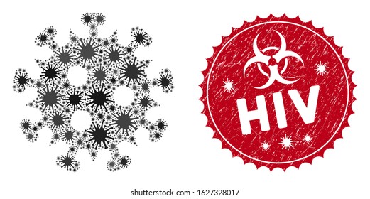 Coronavirus mosaic HIV virus icon and round distressed stamp seal with HIV caption. Mosaic vector is created with HIV virus icon and with randomized flu objects. HIV seal uses biohazard style,