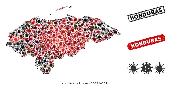 Coronavirus mosaic Honduras map and grunge stamp seals. Honduras map collage formed with random red and black pathogen symbols. Rectangle watermarks, with grunge texture.