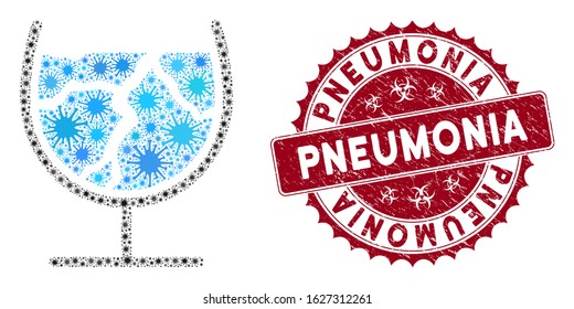 Coronavirus mosaic ice drink icon and rounded rubber stamp watermark with Pneumonia caption. Mosaic vector is created with ice drink icon and with random microbe elements.