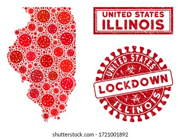 Mosaico del Coronavirus Illinois Mapa y Sellos del Estado. Marca de agua rayada de bloqueo rojo redondeado. Los elementos patógenos vectoriales covidos se combinan en el mapa del estado de Illinois en mosaico. Combinación de vectores para bloqueo,