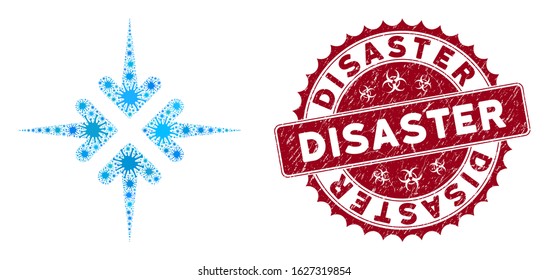 Coronavirus mosaic impact arrows icon and rounded rubber stamp seal with Disaster phrase. Mosaic vector is formed with impact arrows pictogram and with randomized bacillus objects.