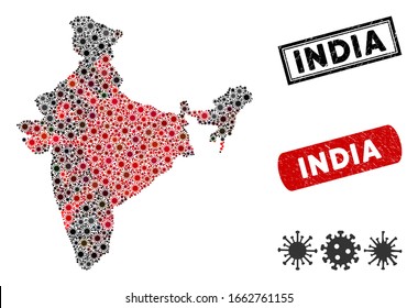 Coronavirus mosaic India map and distressed stamp seals. India map collage designed with random red and black mers-cov icons. Rectangle seals, with grunge texture.