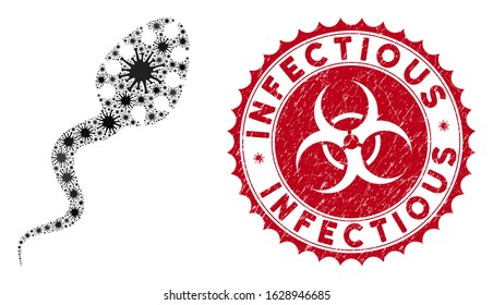 Coronavirus mosaic infectious icon and rounded distressed stamp seal with Infectious phrase. Mosaic vector is created with infectious icon and with random flu items.