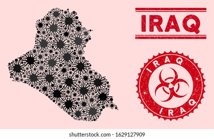 Coronavirus mosaic Iraq map and red rubber stamp seals with biohazard symbol. Iraq map collage created with scattered flu elements. Red rounded outbreak danger seal stamp, with distress texture.