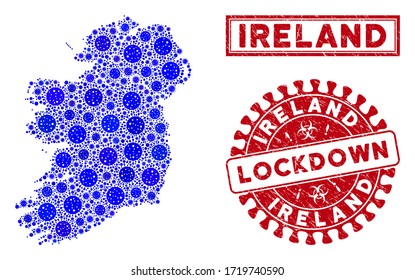 Coronavirus mosaic Ireland countries map and seal stamps. Red round lockdown distress stamp. Vector coronavirus viral elements are grouped into mosaic Ireland countries map.