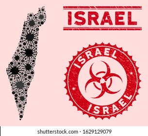 Coronavirus mosaic Israel map and red distressed stamp watermarks with biohazard sign. Israel map collage constructed with randomized epidemic icons. Red round outbreak danger seal stamp,